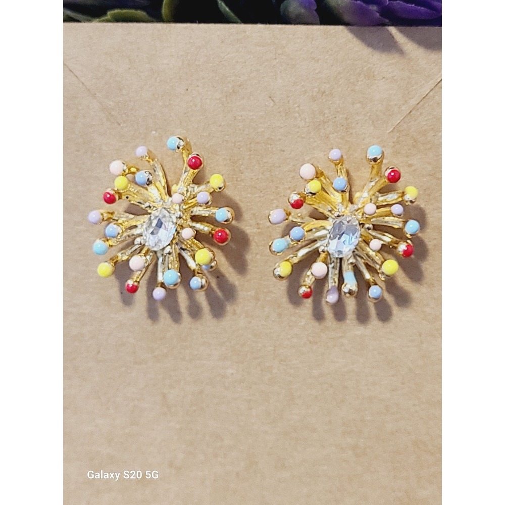 Gold Starburst Stud Earrings Multicolor Enamel Crystal‎ Sunburst Sputnik Retro